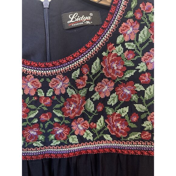 Lidya Fashion Tunic Dress Sz 3XL Embroidered Ethnic Boho Long Sleeve Navy Blue - Picture 1 of 7